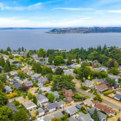 Aerial neighborhood photo from a different angle, this time seeing Commencement Bay.