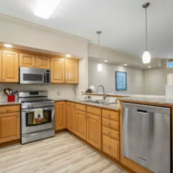 First photo of the kitchen, viewing the living room.