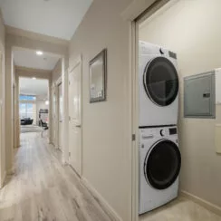 Entryway to the unit, following down the main hallway. Washer/dryer are also visible.