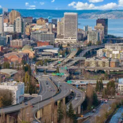 An aerial view of downtown Tacoma, showing where the condo building is located.