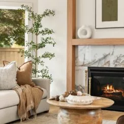 A roaring fire is visible in the gas fireplace.